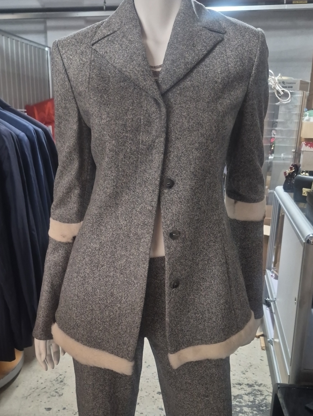 JustCavalli Womens Gray Wool-Blend Jacket with Cream Trim